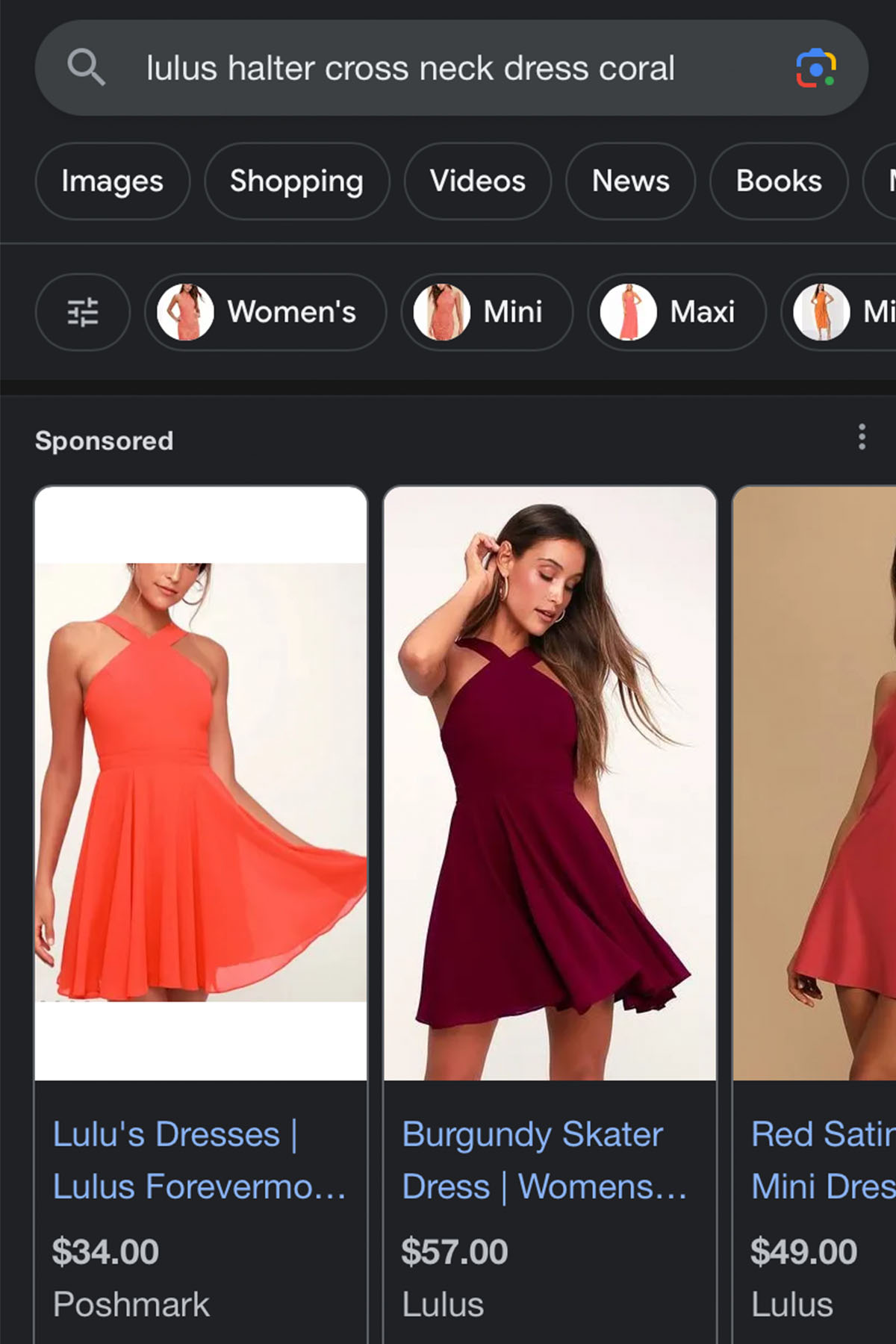 screenshot of a google search result for a lulus dress.