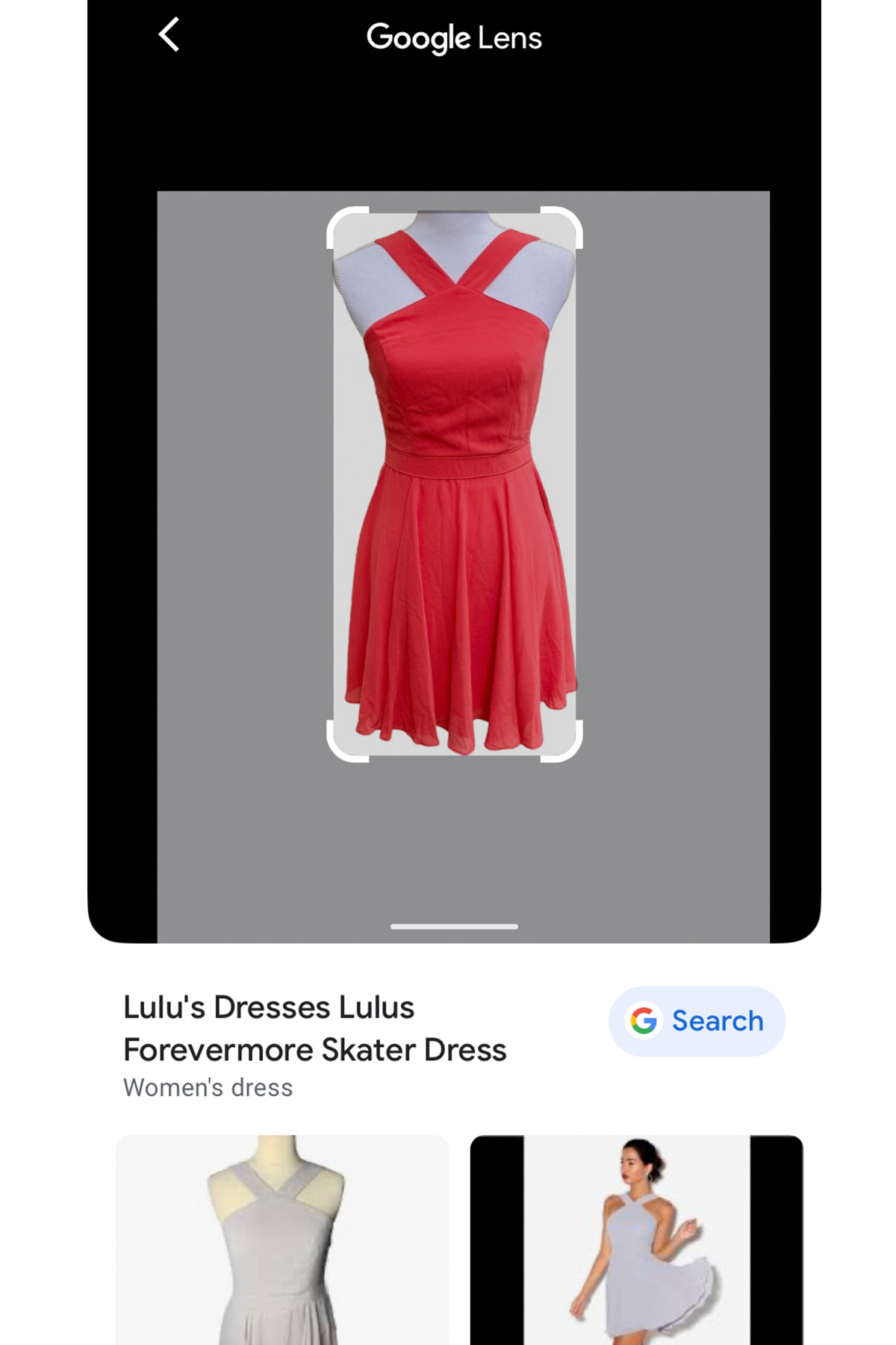 screenshot of a google lens search for a lulus dress.