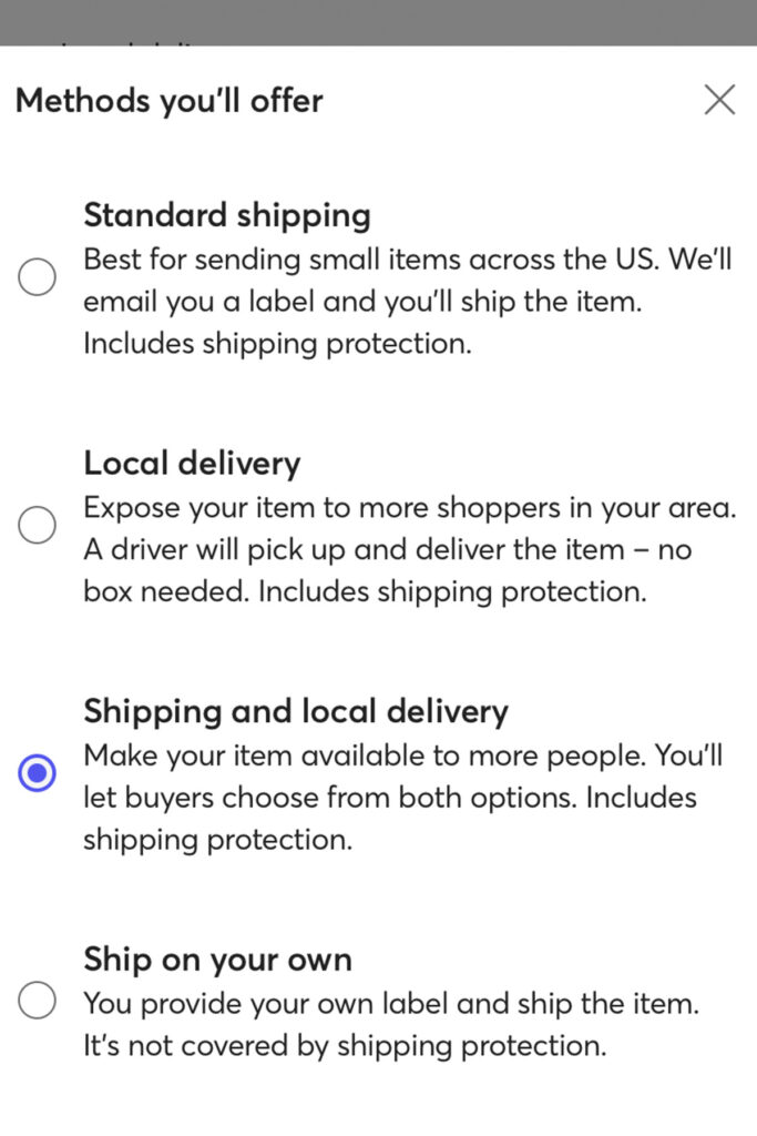 a screenshot of the mercari app showing shipping options for an item.