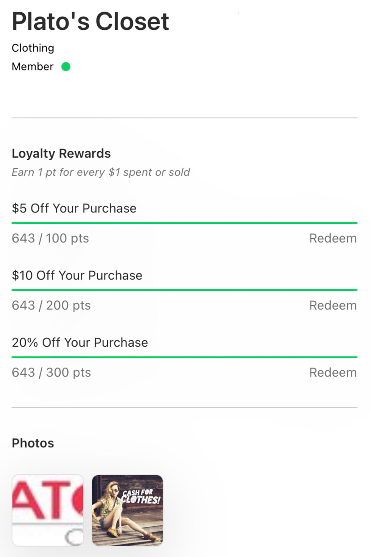 a screenshot of the fivestars app showing a rewards balance for plato's closet.