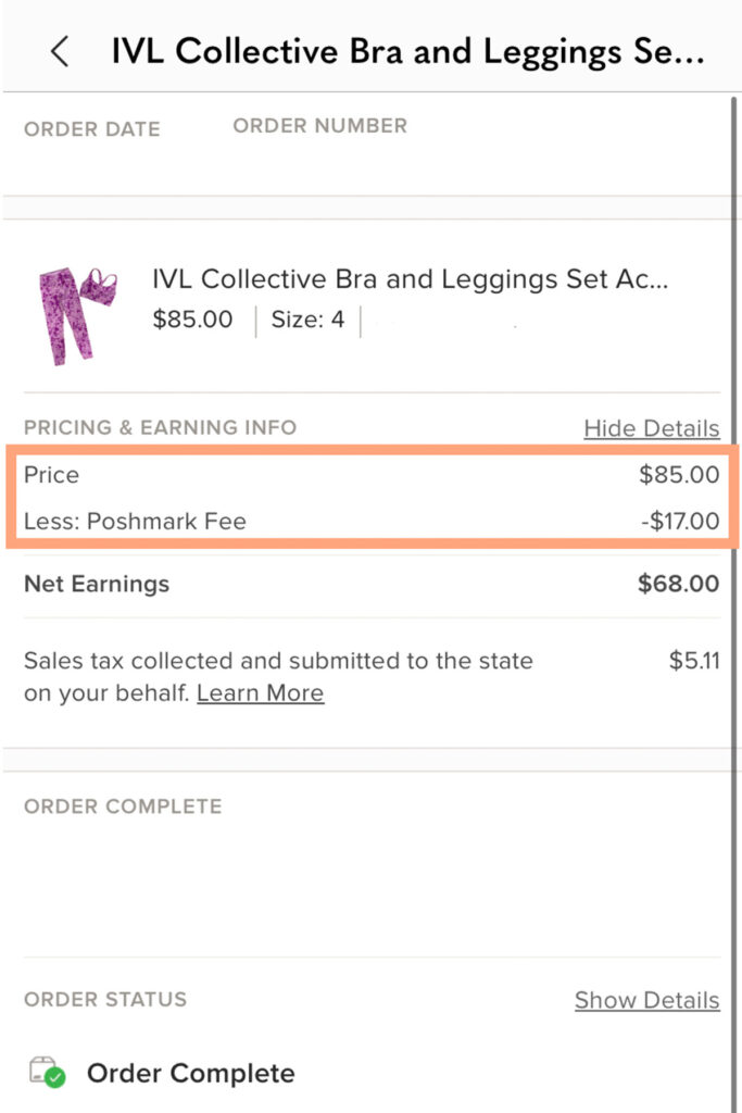 a screenshot of the poshmark app showing the order details page with earnings and fees.