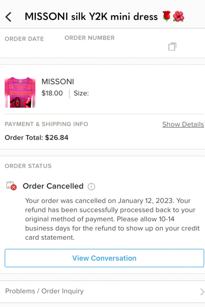 a screenshot of the poshmark app showing an order cancellation page.
