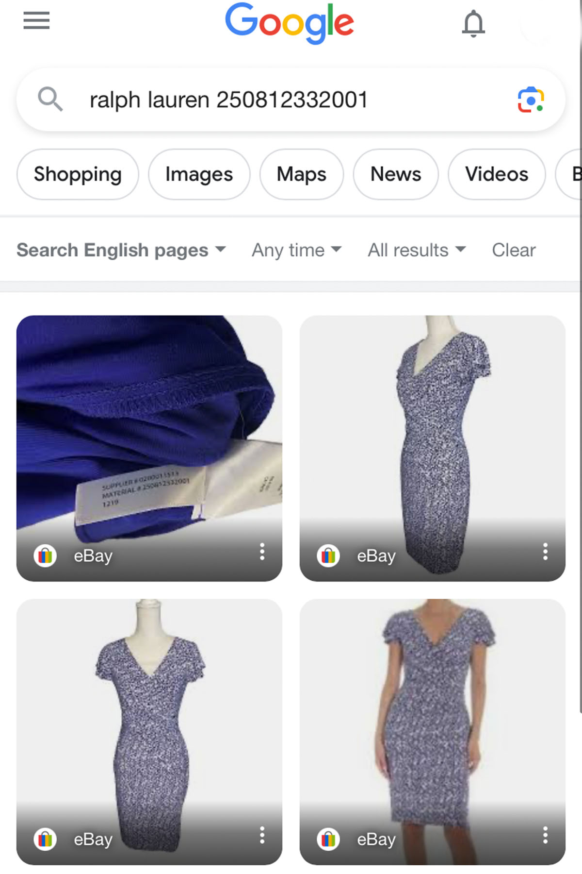 a google search for a ralph lauren product code for a blue and white dress.