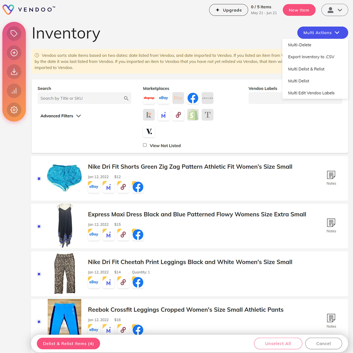 a screenshot of the vendoo website showing inventory and multi actions menu.