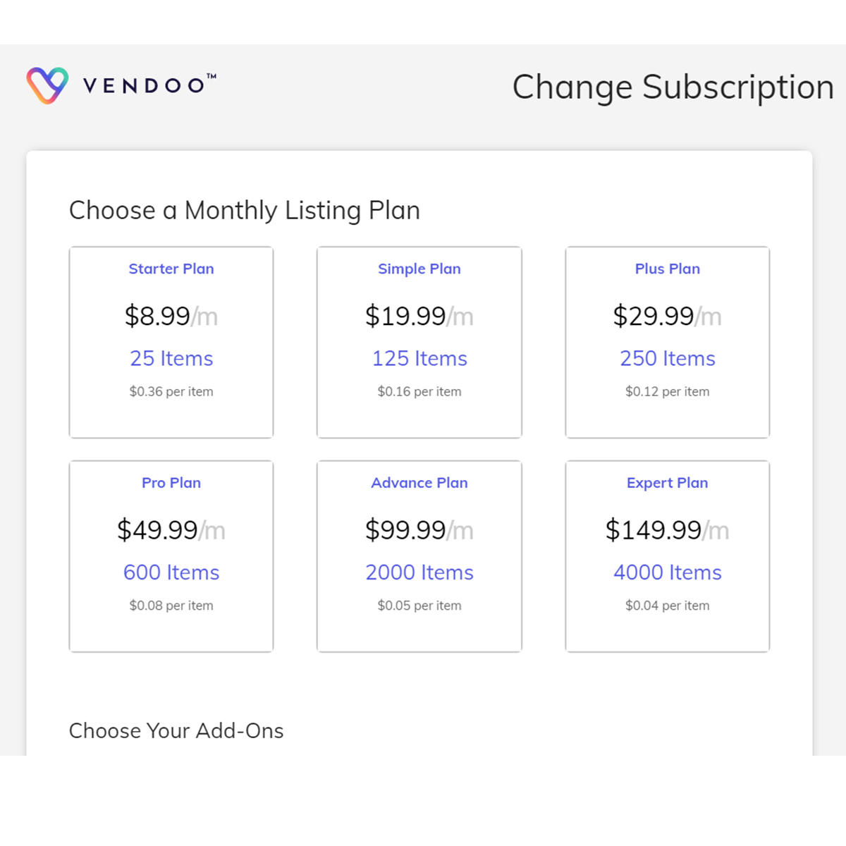 screenshot of the vendoo website showing pricing for different tiers of plans.