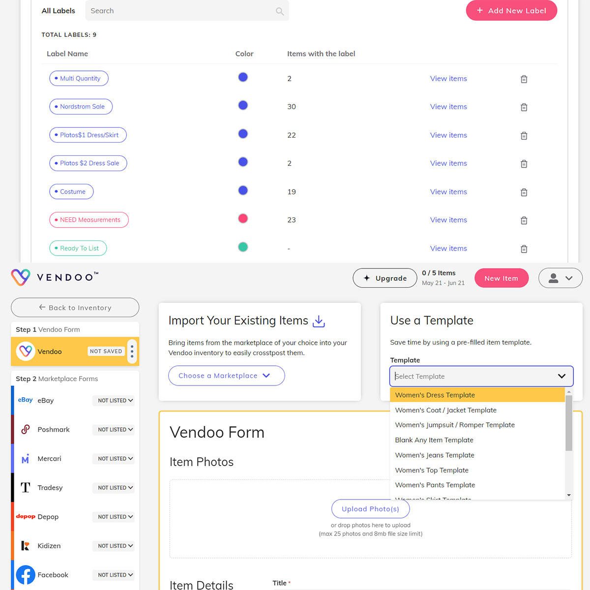 screenshot of the vendoo website showing tags and templates.