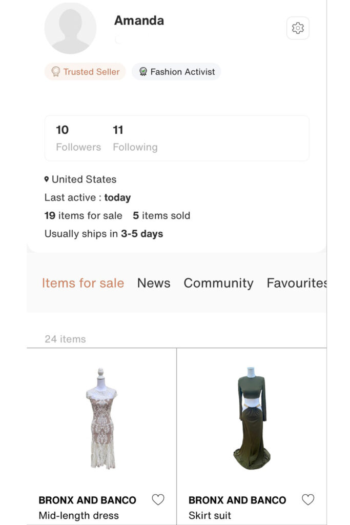 a screenshot of the vestiaire app showing a closet with two dresses.