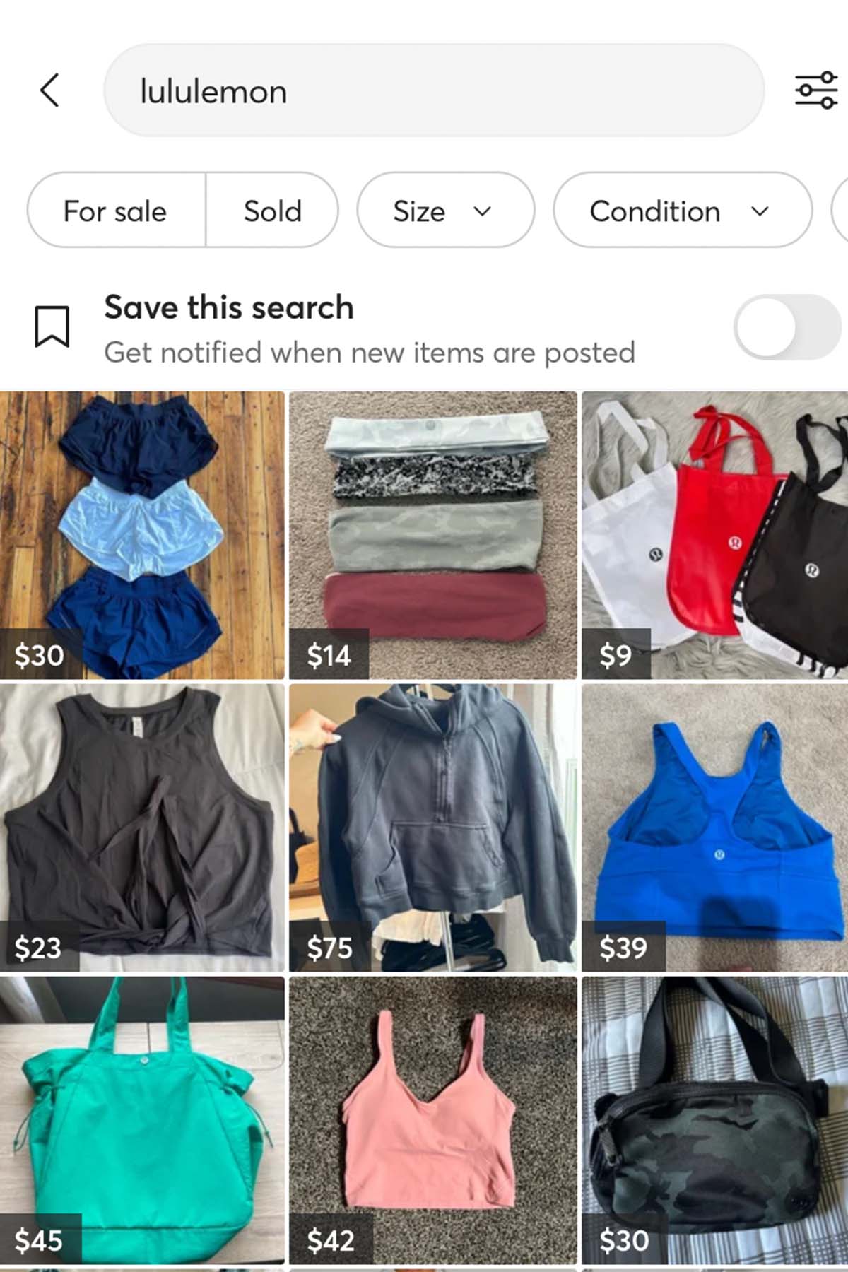 screenshot of the mercari app showing search results for lululemon.