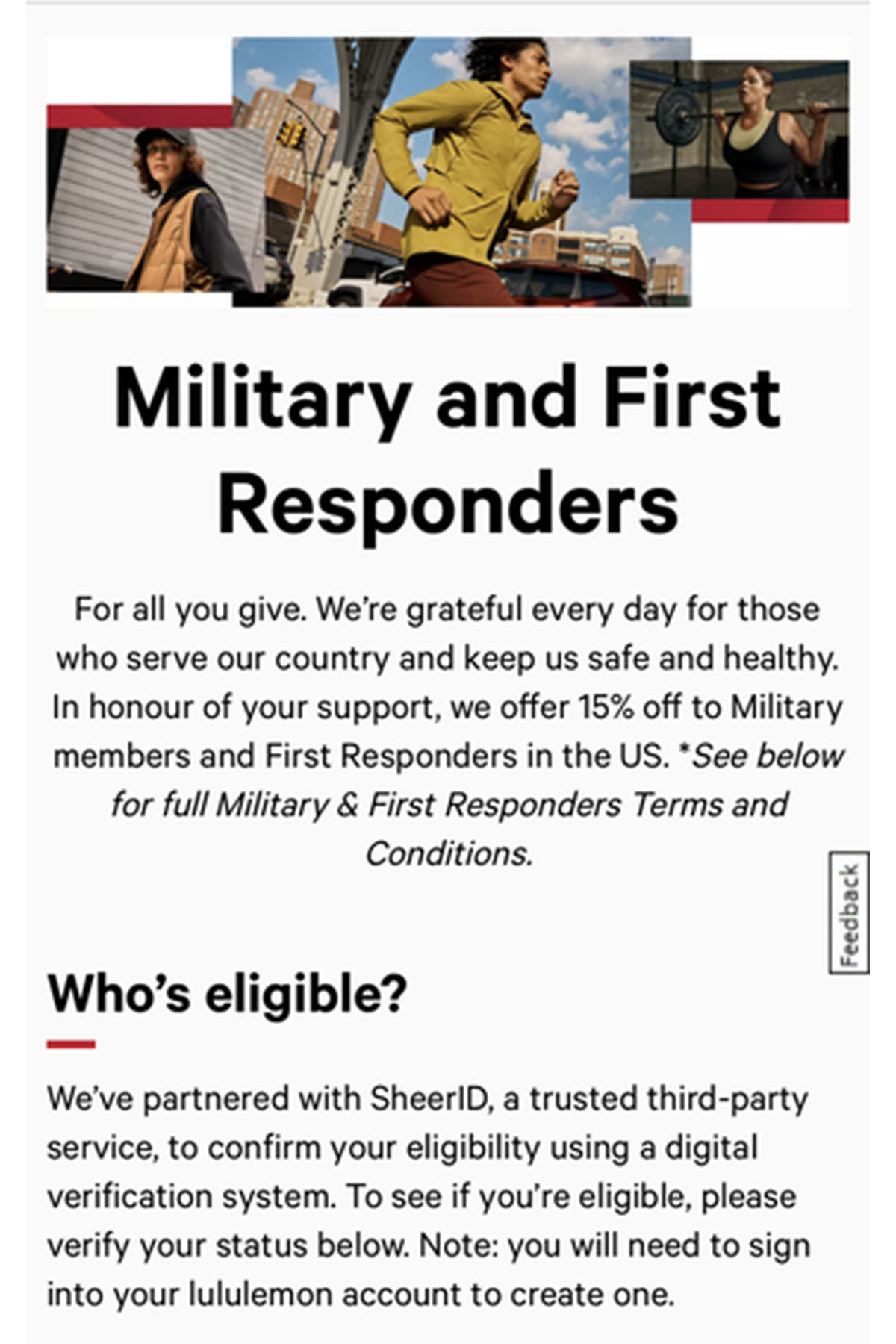 screenshot of the lululemon website showing the military and first responder discount terms.