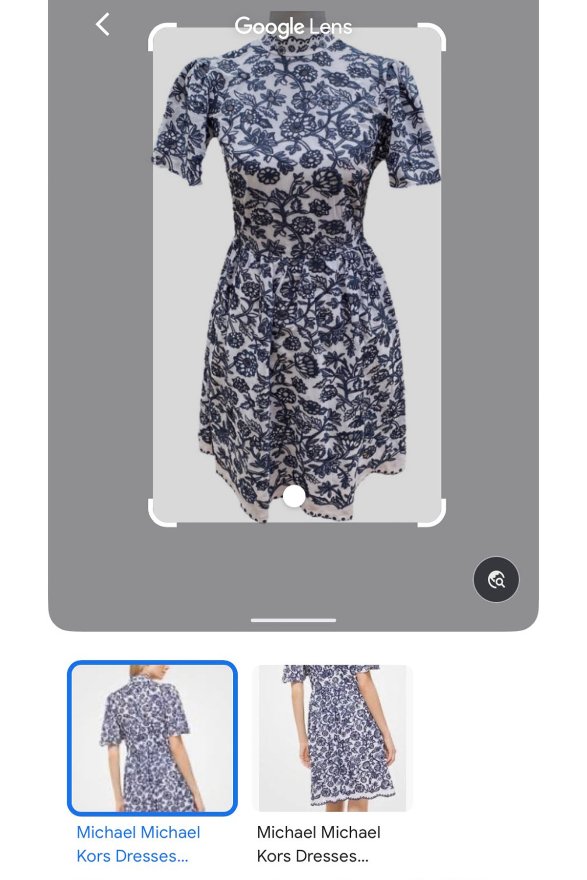 a blue and white floral michael kors dress being searched on google lens.