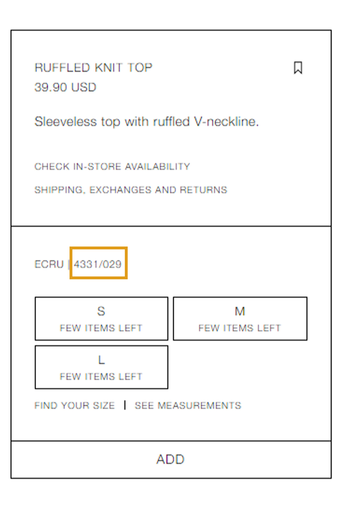 screenshot of the zara website showing a product title and style number.