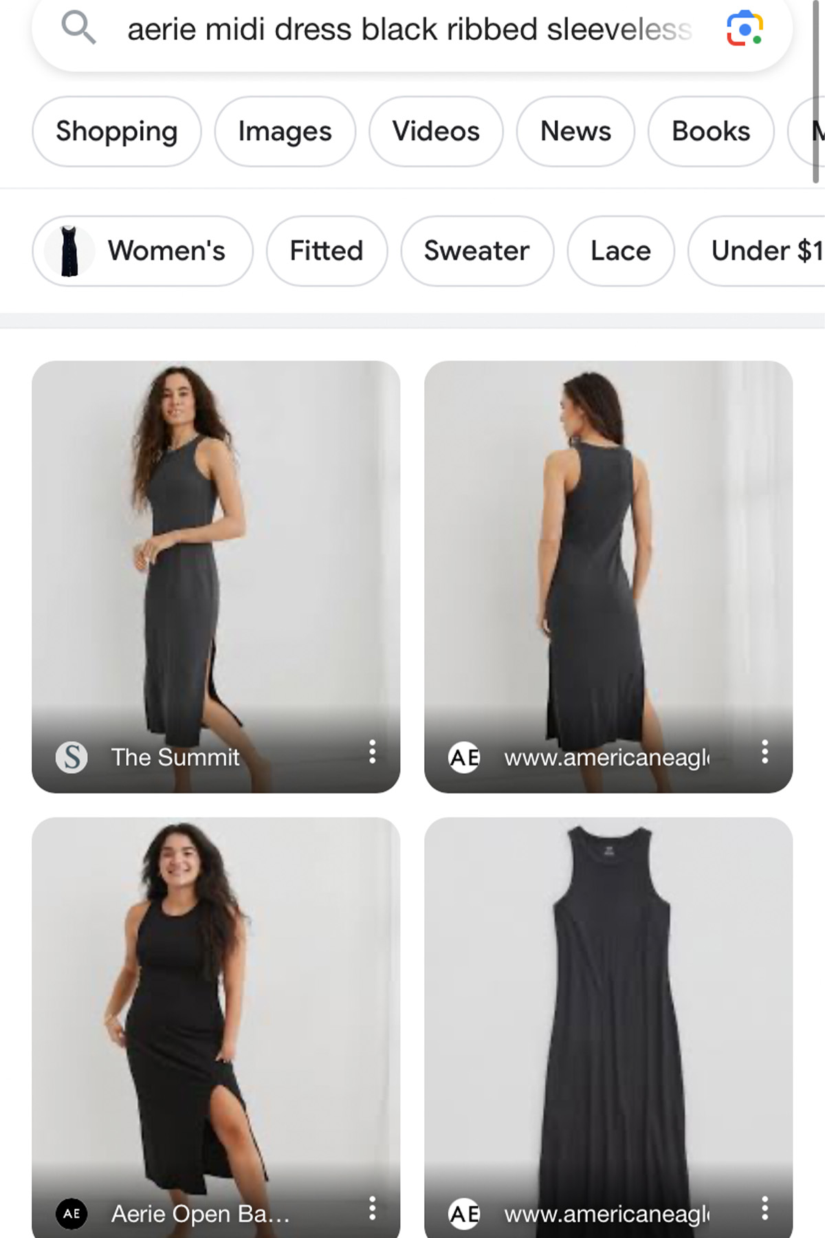 screenshot of a google search for a black ribbed aerie midi dress.