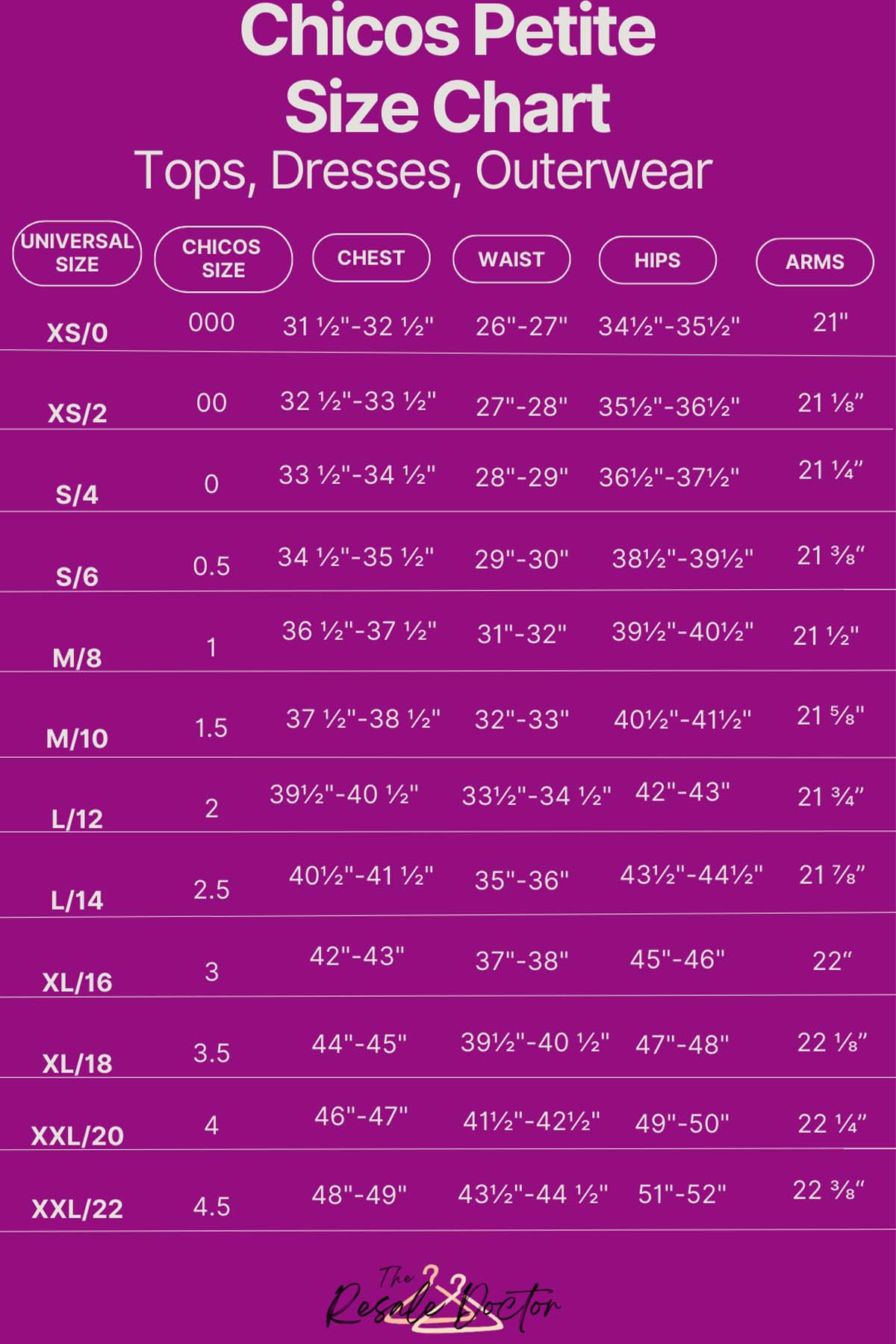 a chicos size chart for petite tops, dresses, and outerwear.