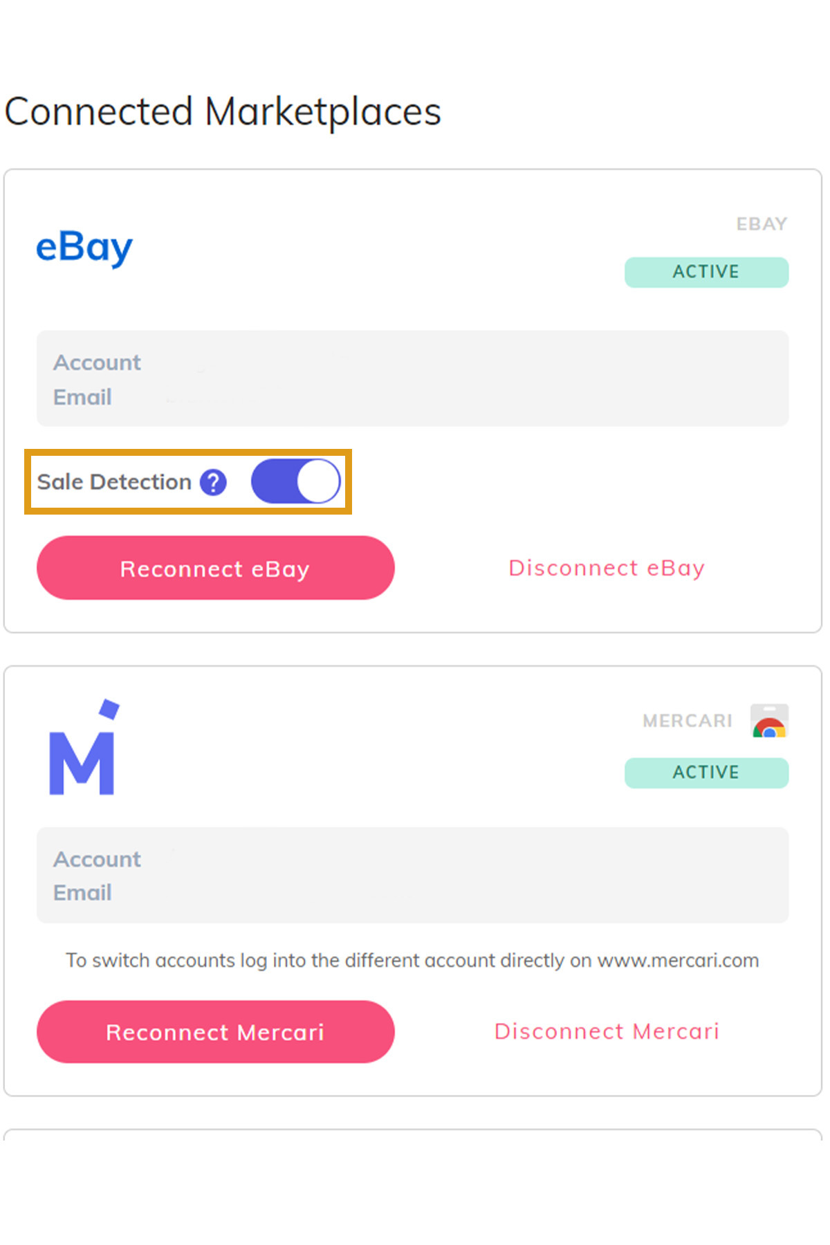 a screenshot of the vendoo platform settings showing how to turn on auto sales detection on ebay.