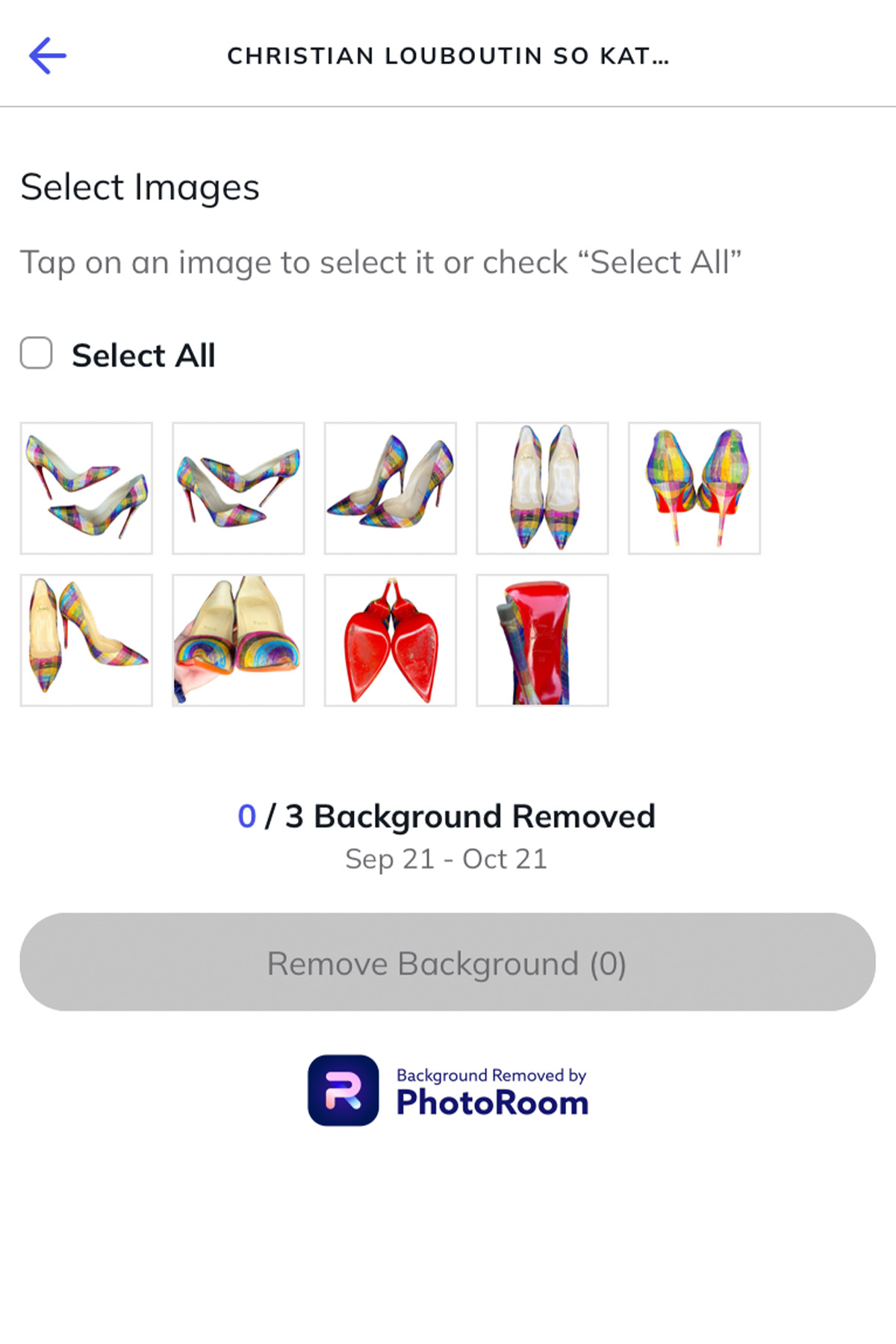 a screenshot of the vendoo app showing the photoroom background remover quota.