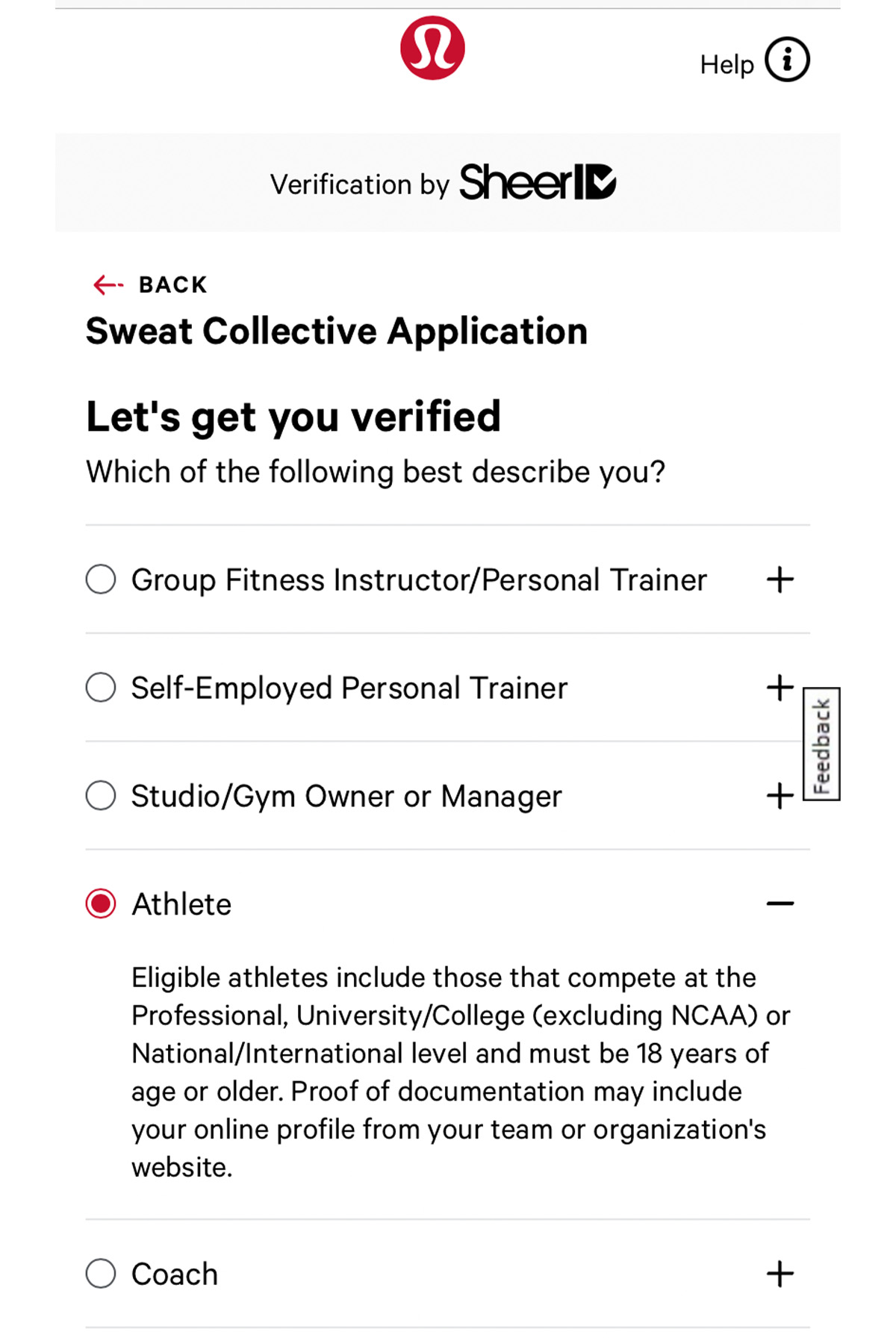 screenshot of the lululemon athlete discount program application.