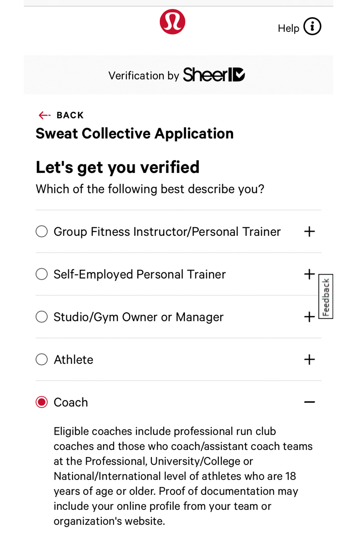 screenshot of the lululemon coaches discount application form.
