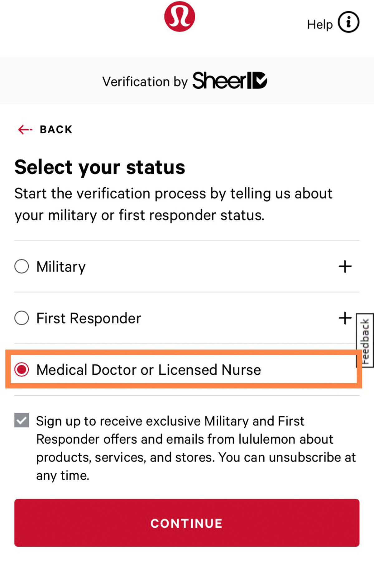 screenshot of the lululemon doctor discount application.