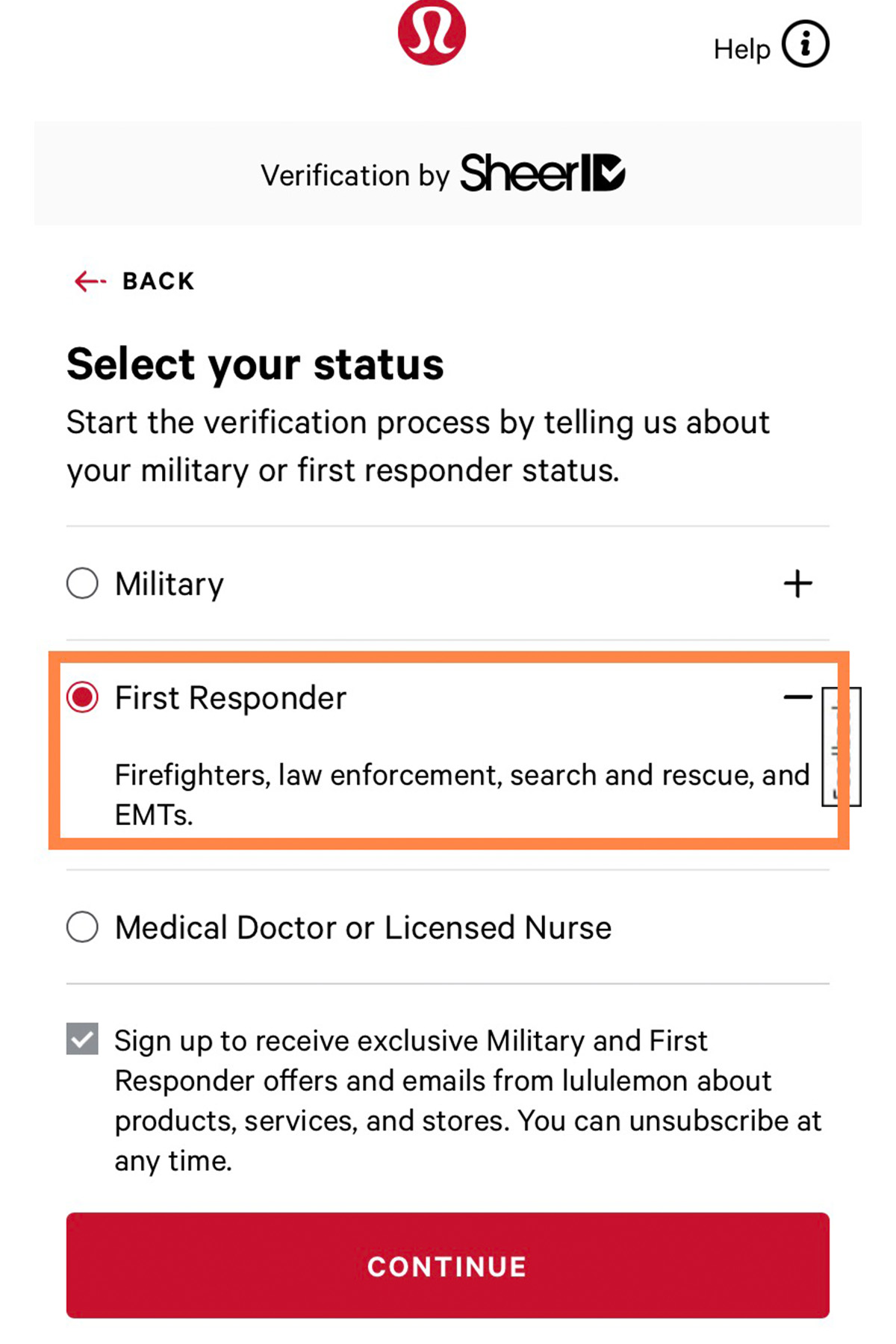 screenshot of the lululemon EMT discount program application.