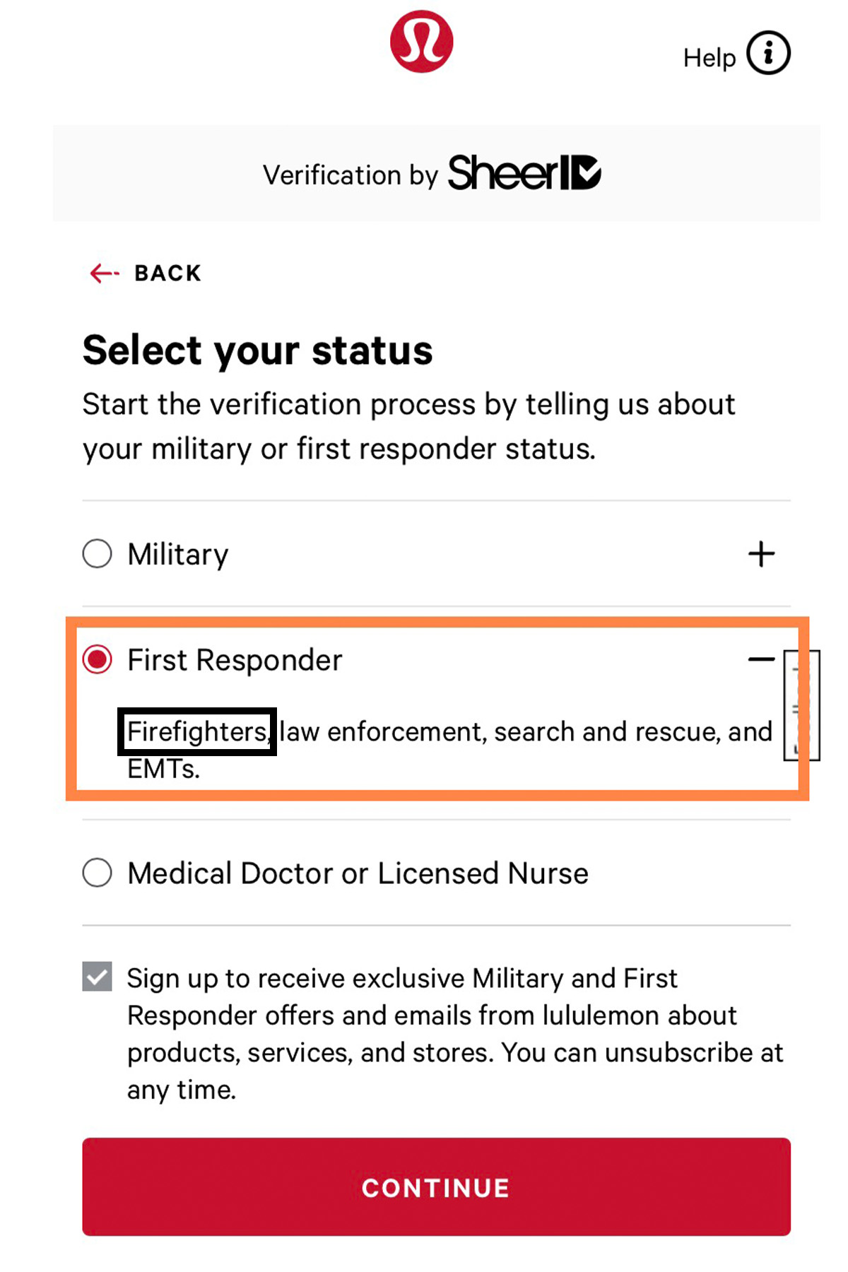 screenshot of the lululemon firefighter discount application.