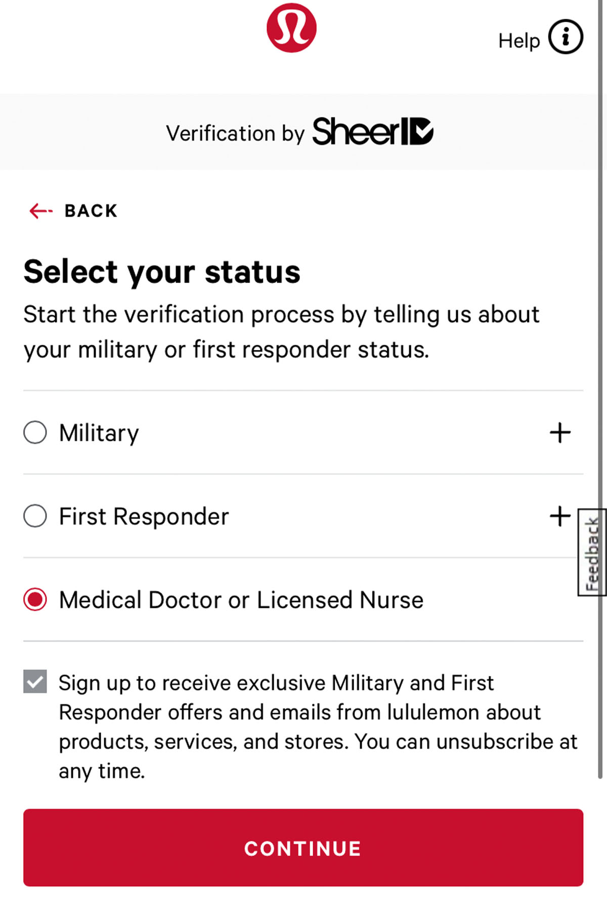 screenshot of the lululemon nurse discount application page.