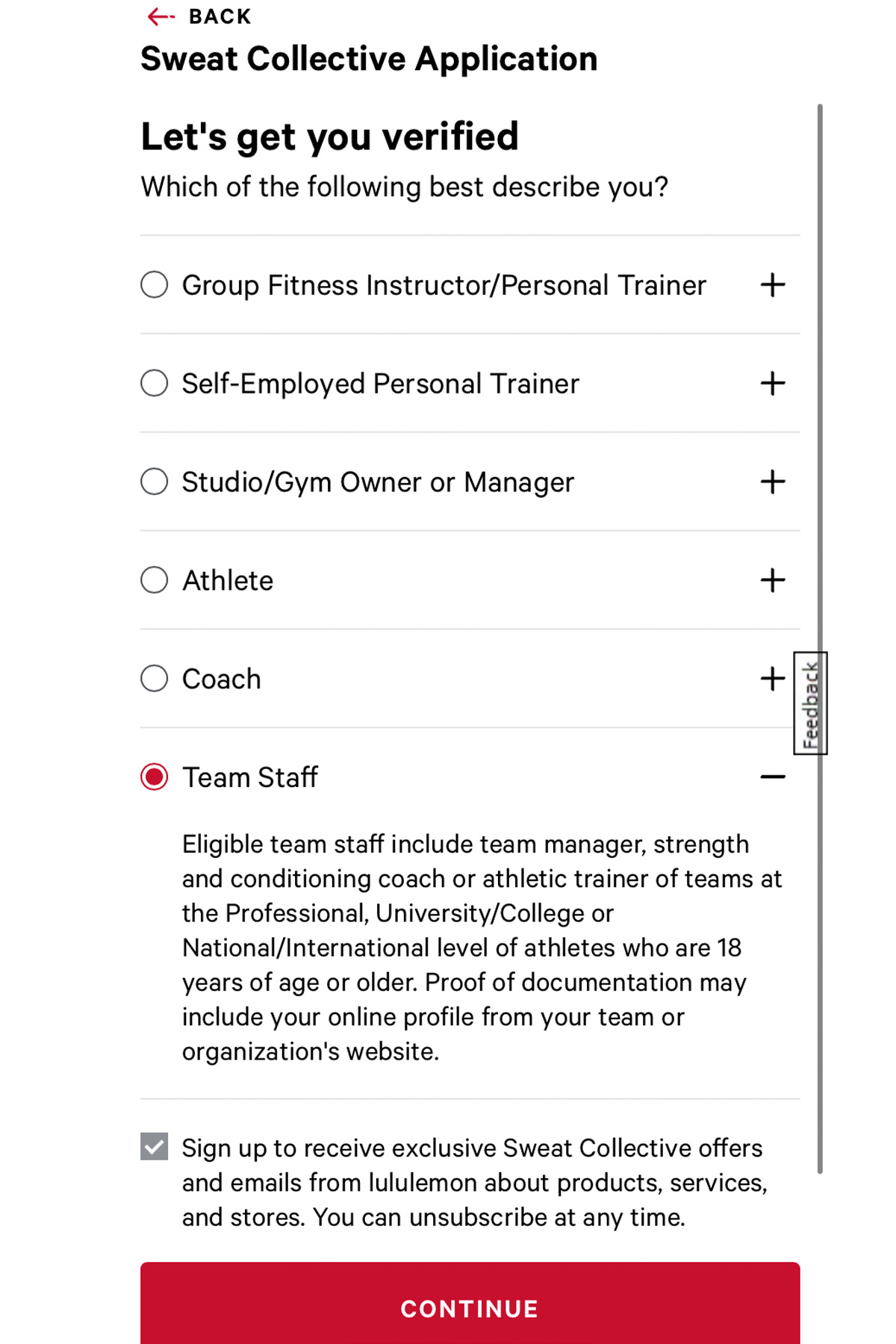 screenshot of the lululemon team staff discount application form.