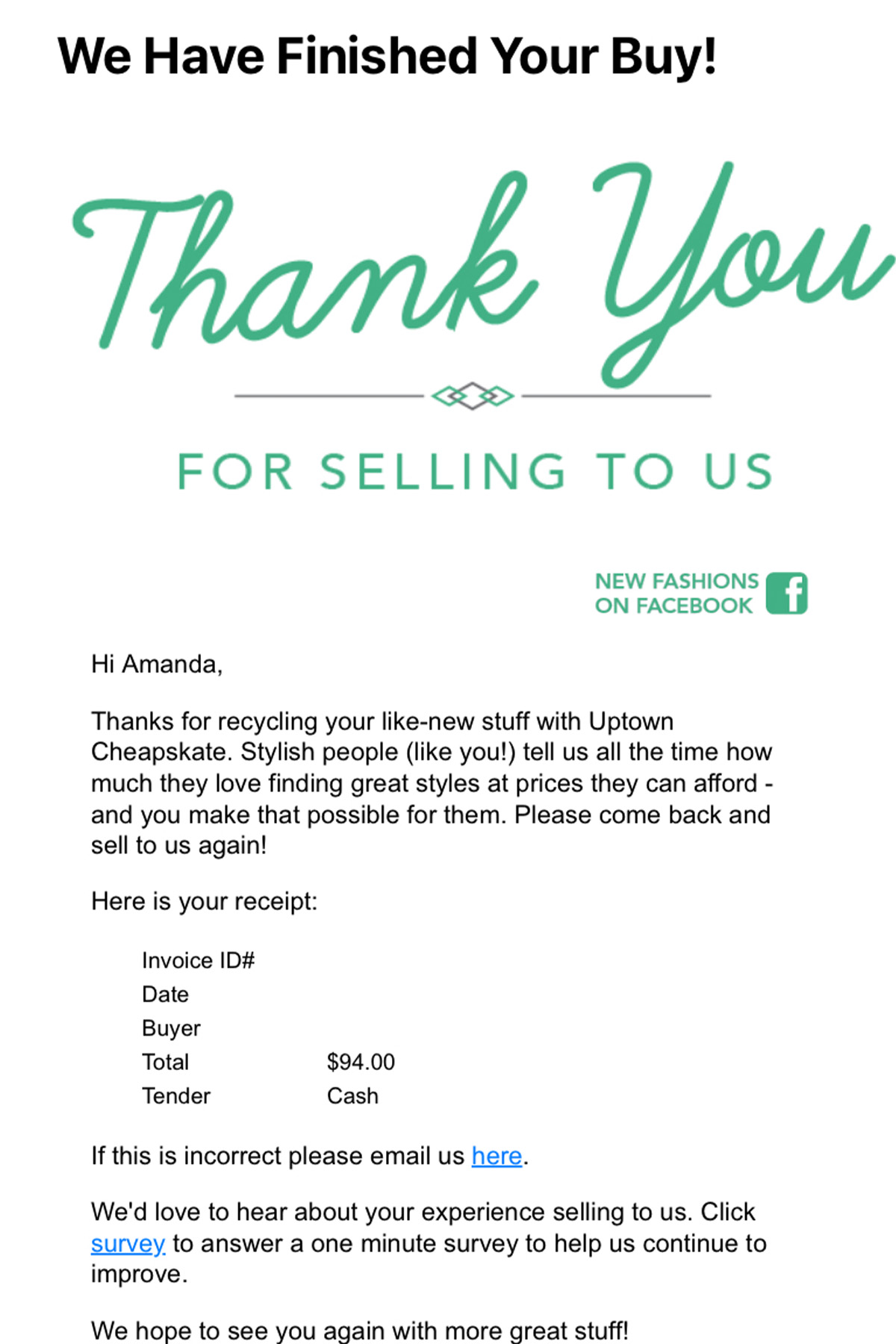 screenshot of an email from uptown cheapskate with a quote for a customer selling clothes.