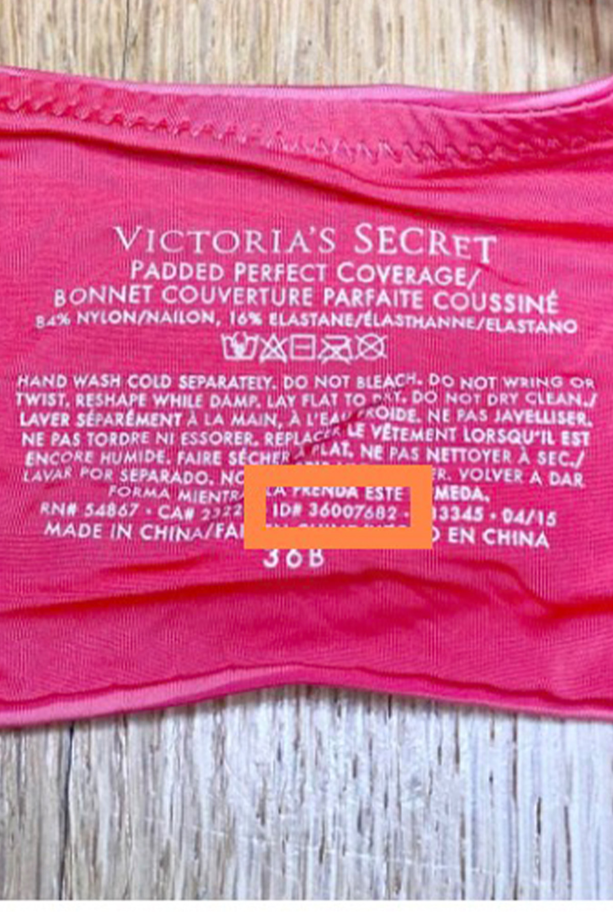 an item number on a pink victoria's secret bra.