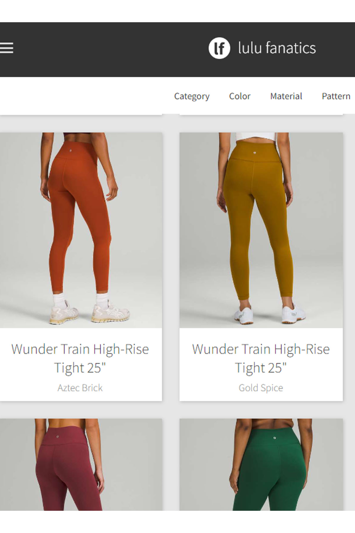 screenshot of the lulufanatics website with different colors of lululemon wunder under leggings.