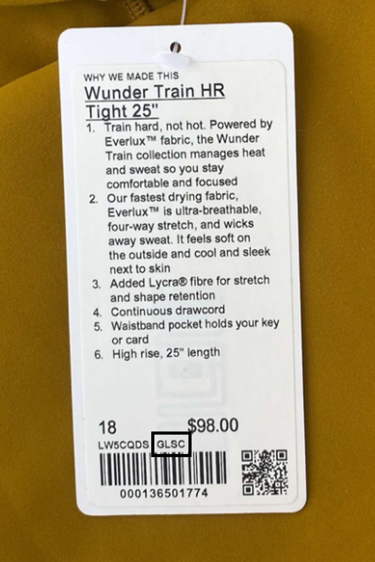 a lululemon price tag with the lululemon color code outlined in a black box.