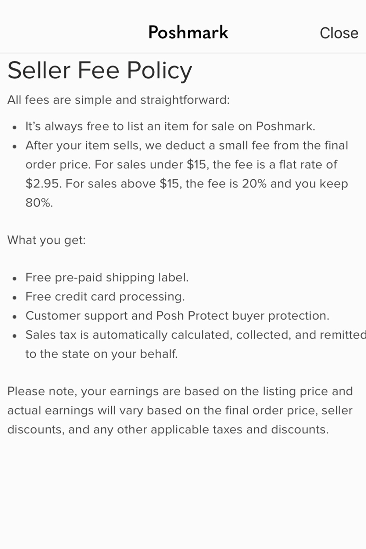 screenshot of the poshmark seller fees policy.